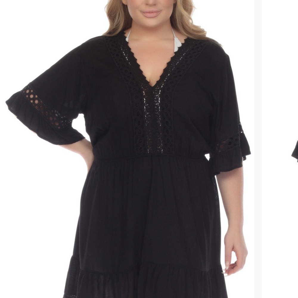Black Swim Coverup with Lace-Up V-Neck and Billowy Sleeves